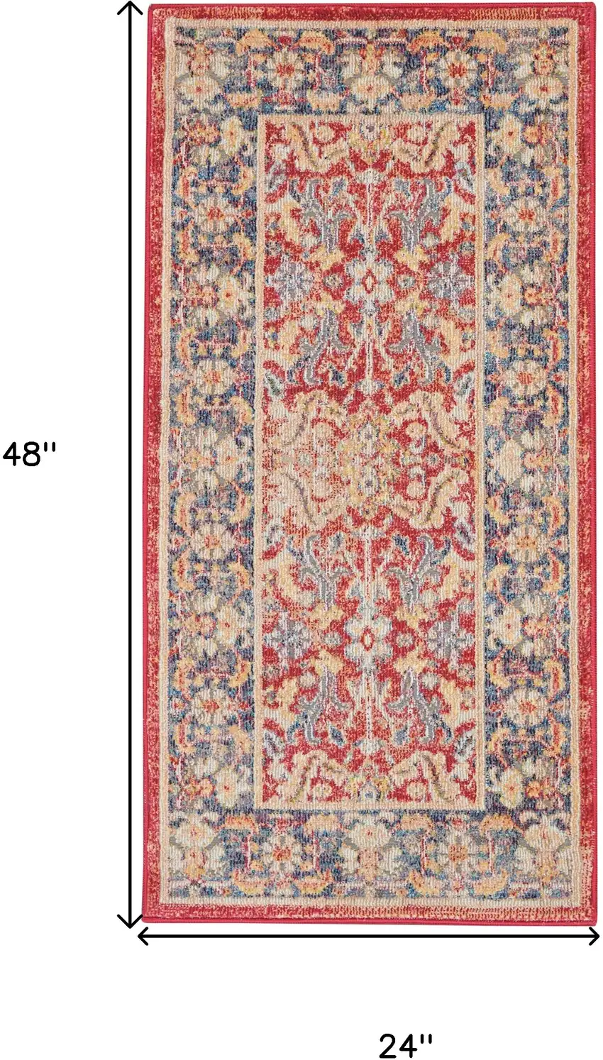 Blue and Red Floral Distressed Non Skid Area Rug Photo 3