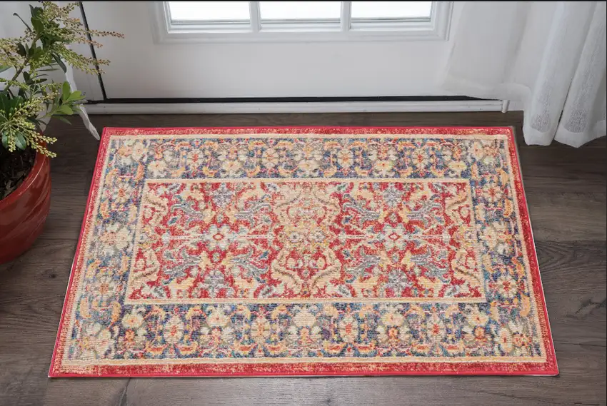 Blue and Red Floral Distressed Non Skid Area Rug Photo 1