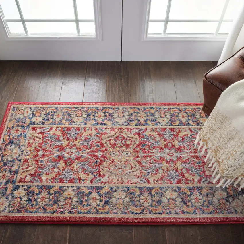 Blue and Red Floral Distressed Non Skid Area Rug Photo 4