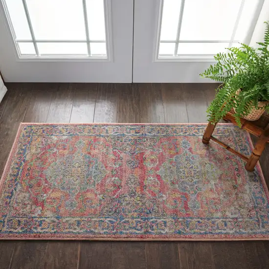 Blue and Red Floral Distressed Non Skid Area Rug Photo 4