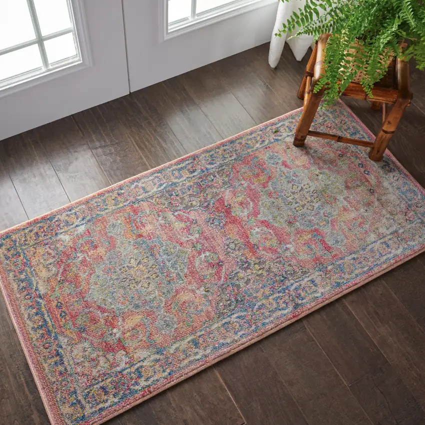 Blue and Red Floral Distressed Non Skid Area Rug Photo 5