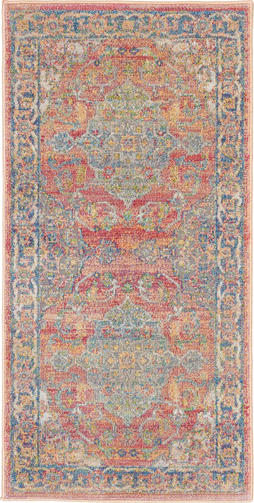 Blue and Red Floral Distressed Non Skid Area Rug Photo 2
