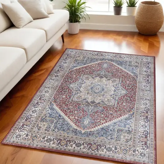 Blue and Red Floral Medallion Distressed Non Skid Area Rug Photo 1