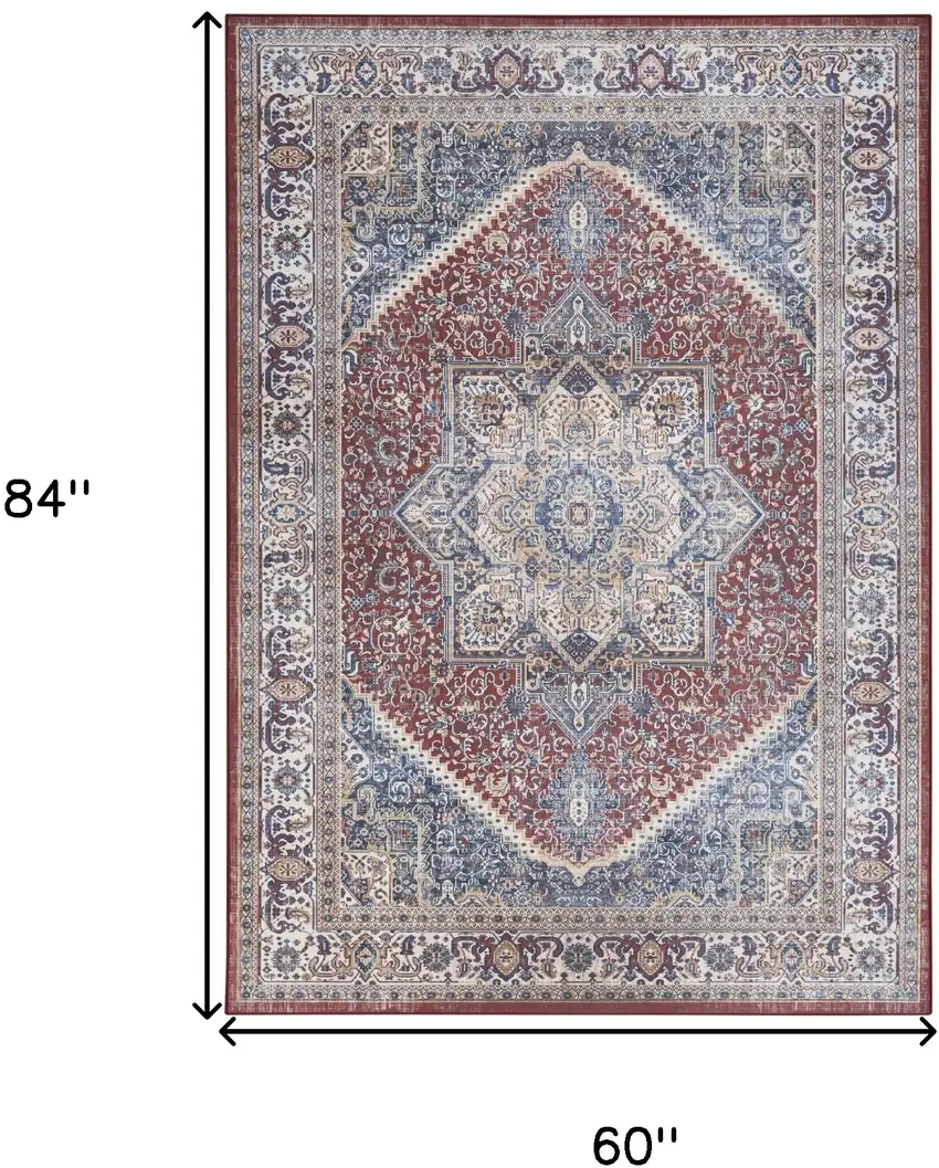 Blue and Red Floral Medallion Distressed Non Skid Area Rug Photo 3