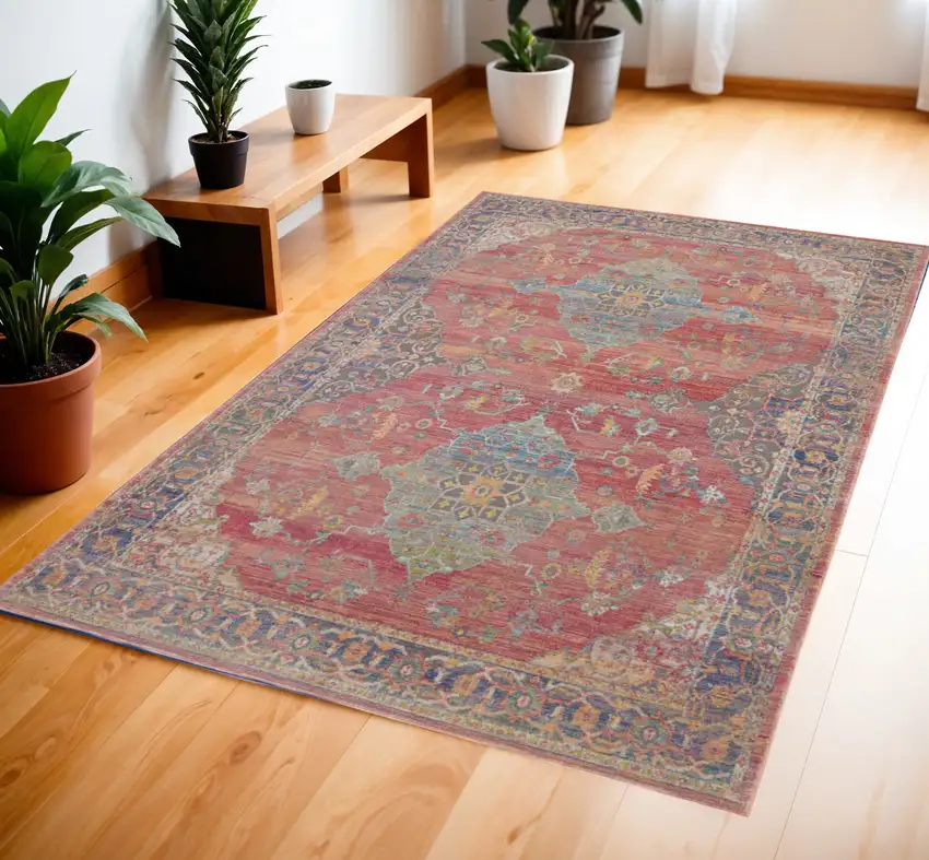 Blue and Red Floral Medallion Distressed Non Skid Area Rug Photo 1