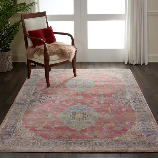 Blue and Red Floral Medallion Distressed Non Skid Area Rug Photo 3