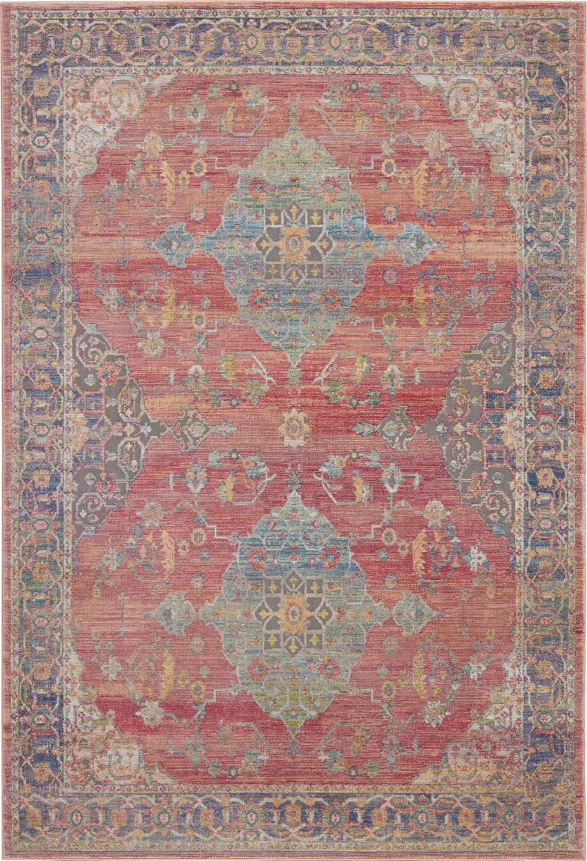 Blue and Red Floral Medallion Distressed Non Skid Area Rug Photo 2