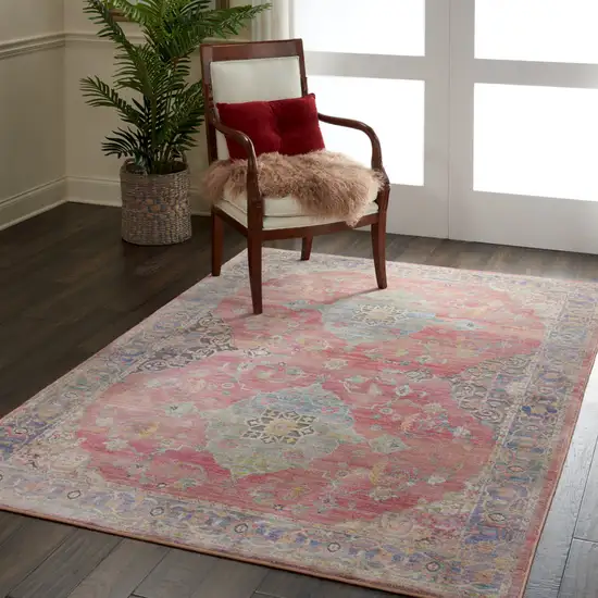 Blue and Red Floral Medallion Distressed Non Skid Area Rug Photo 5