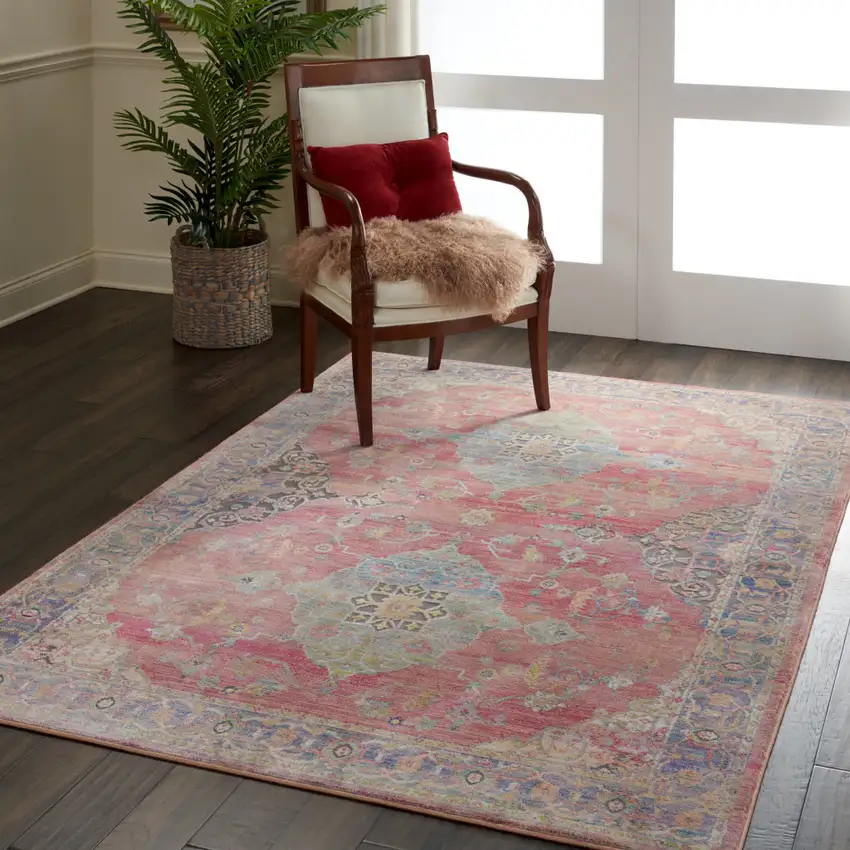Blue and Red Floral Medallion Distressed Non Skid Area Rug Photo 5