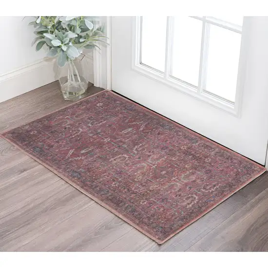 Blue and Red Floral Power Loom Distressed Area Rug Photo 1