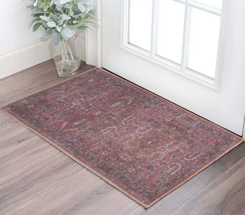 Blue and Red Floral Power Loom Distressed Area Rug Photo 1