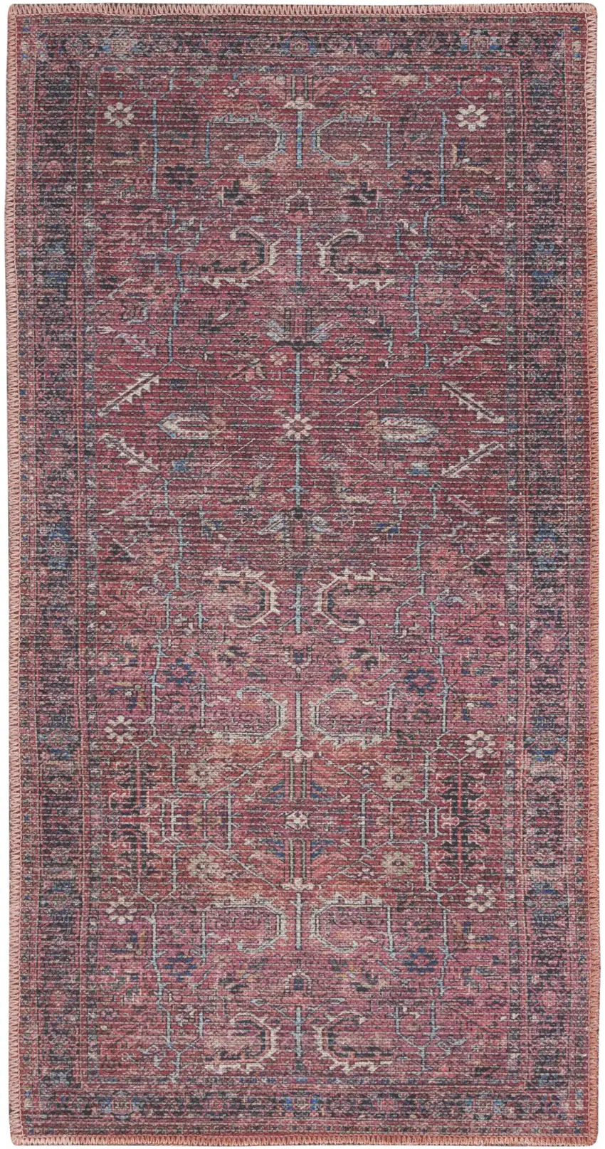 Blue and Red Floral Power Loom Distressed Area Rug Photo 1