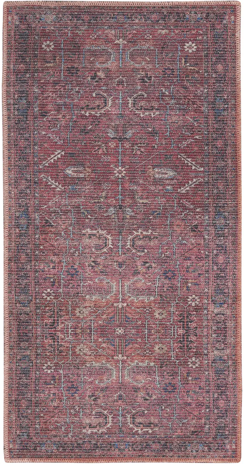 Blue and Red Floral Power Loom Distressed Area Rug Photo 2
