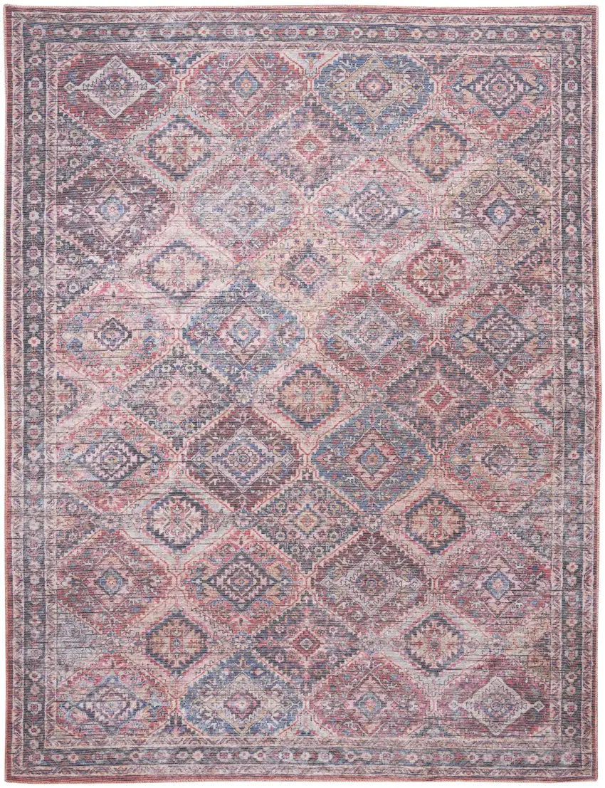 Blue and Red Floral Power Loom Distressed Washable Area Rug Photo 1