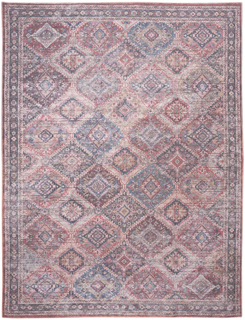 Blue and Red Floral Power Loom Distressed Washable Area Rug Photo 2