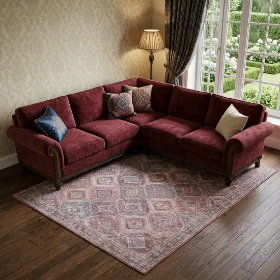 Blue and Red Floral Power Loom Distressed Washable Area Rug Photo 1