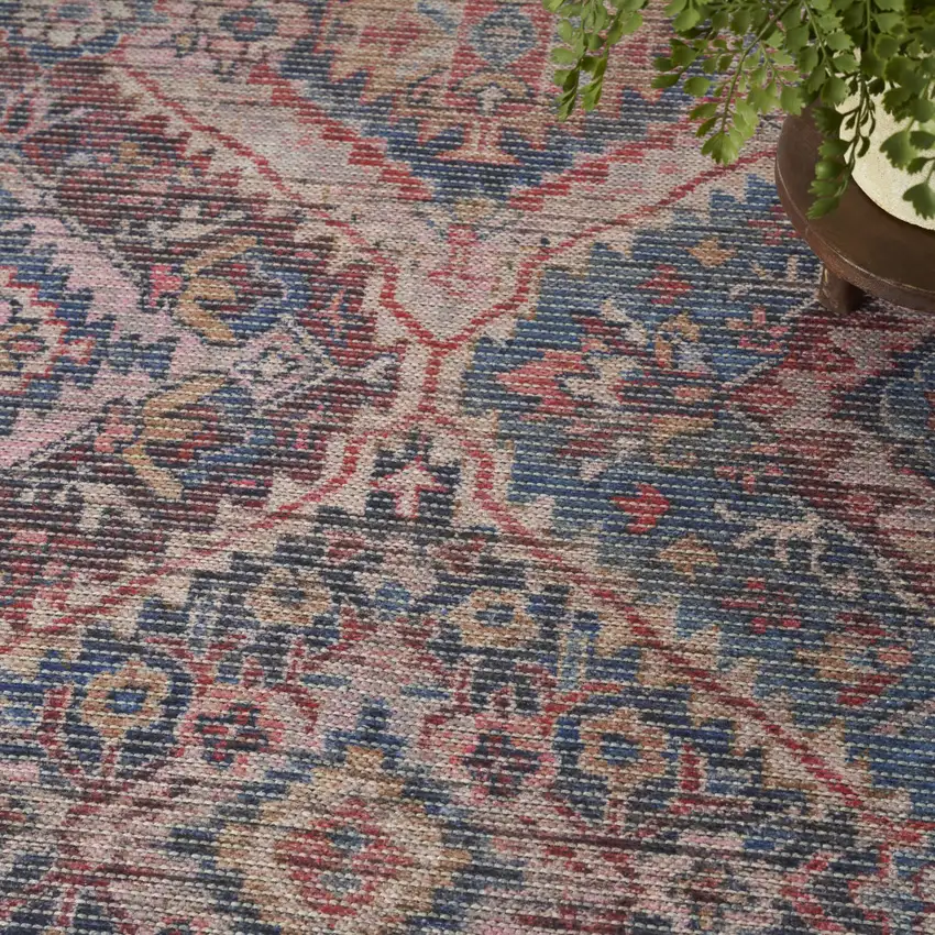Blue and Red Floral Power Loom Distressed Washable Area Rug Photo 9