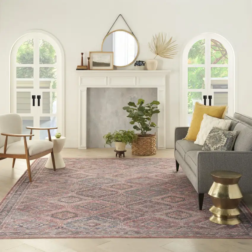 Blue and Red Floral Power Loom Distressed Washable Area Rug Photo 5