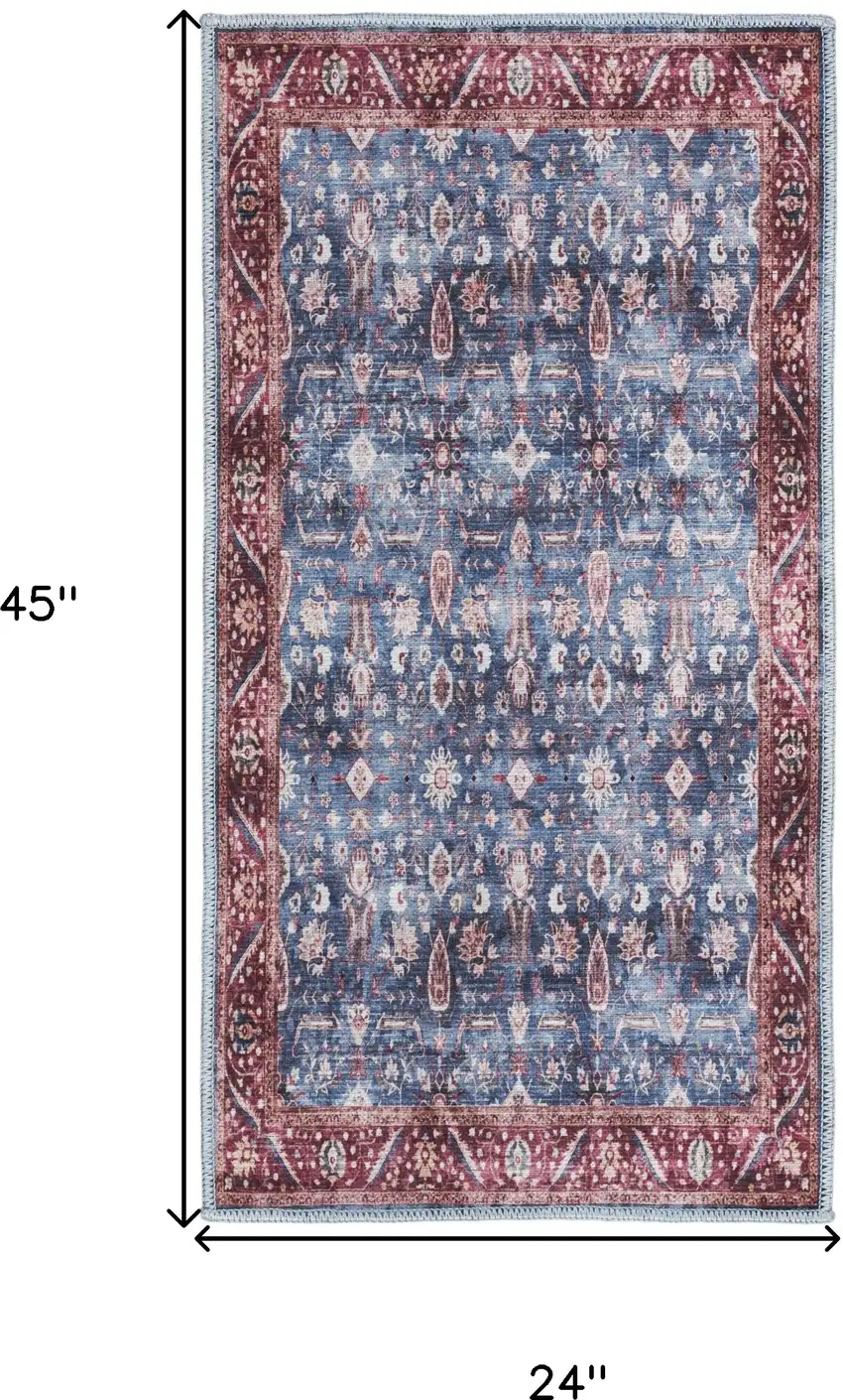 Blue and Red Floral Power Loom Distressed Washable Non Skid Area Rug Photo 3