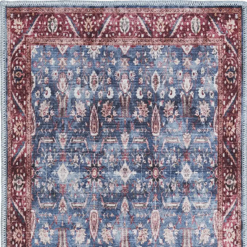 Blue and Red Floral Power Loom Distressed Washable Non Skid Area Rug Photo 9