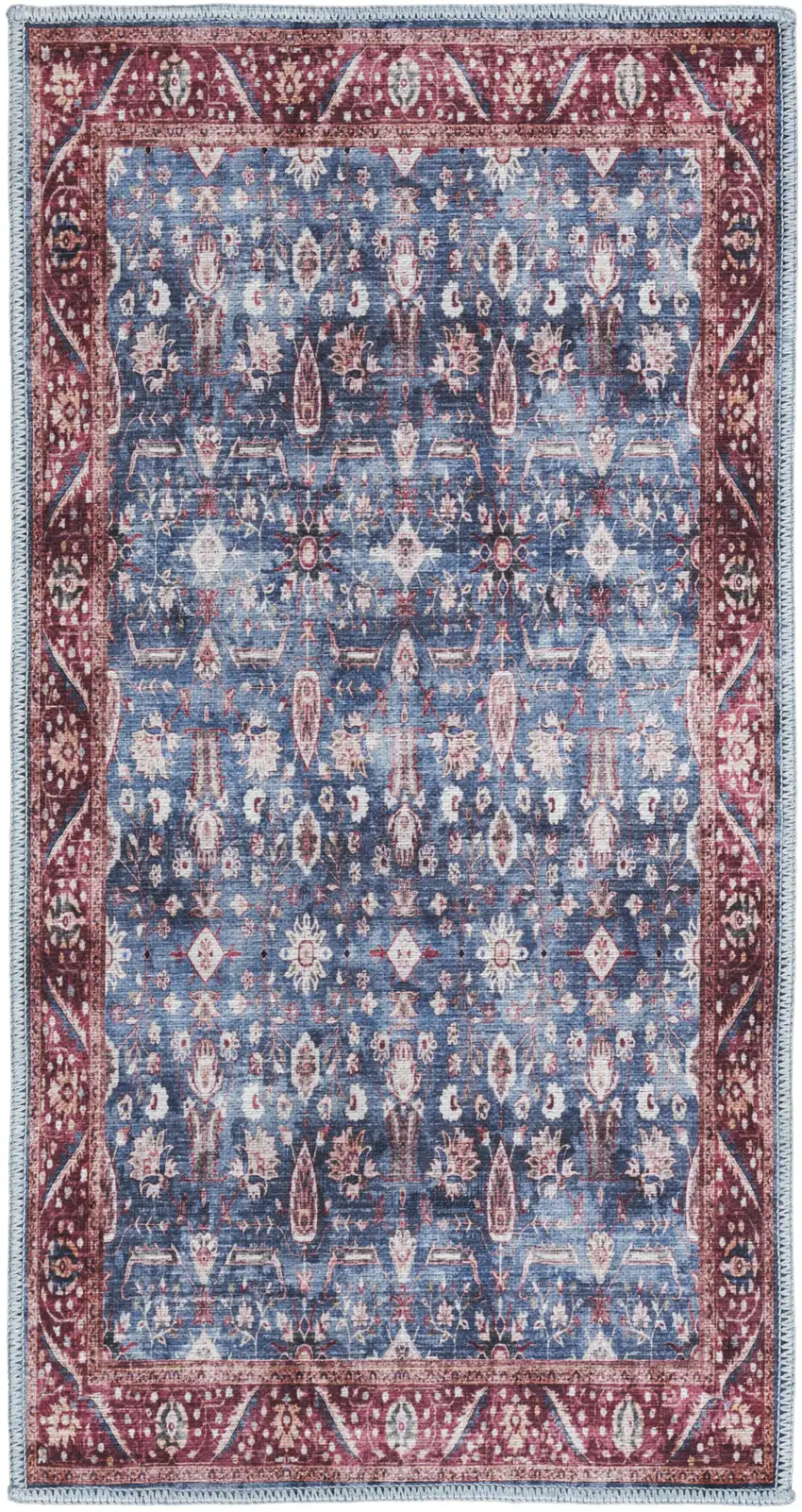 Blue and Red Floral Power Loom Distressed Washable Non Skid Area Rug Photo 2