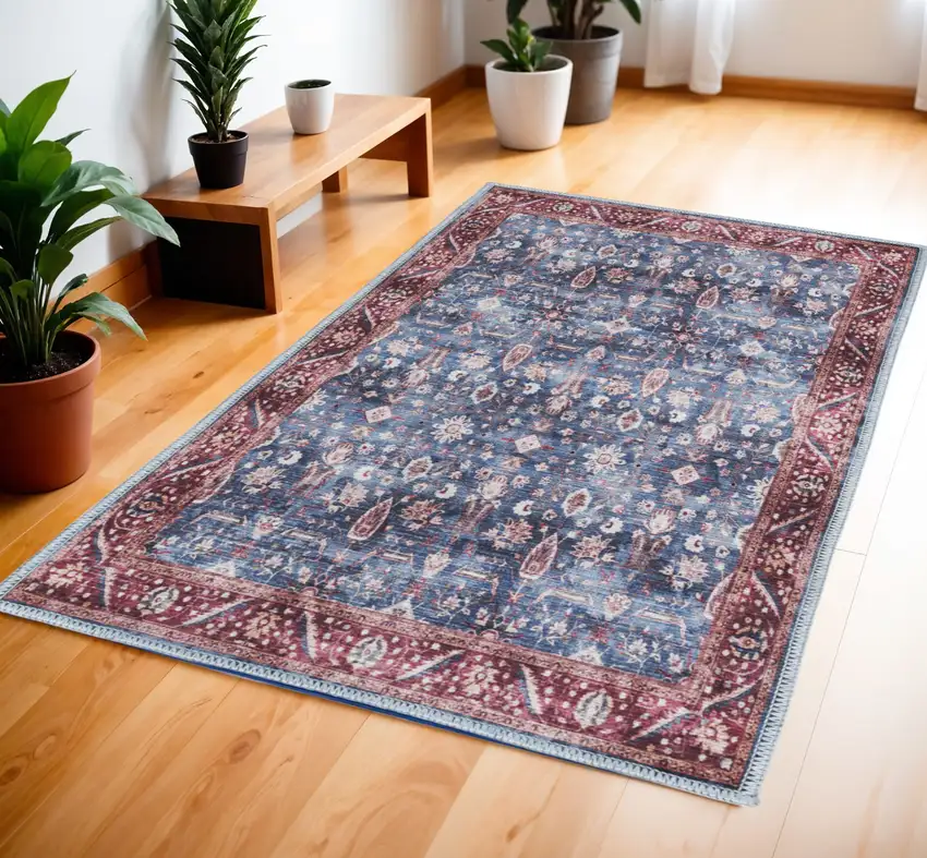 Blue and Red Floral Power Loom Distressed Washable Non Skid Area Rug Photo 1
