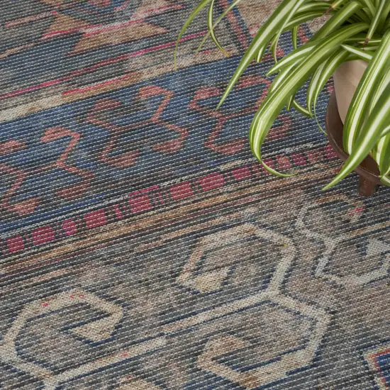 Blue and Red Geometric Power Loom Distressed Washable Area Rug Photo 9