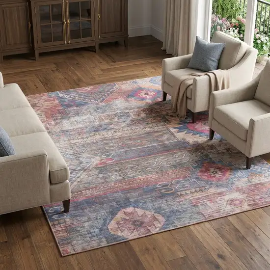 Blue and Red Geometric Power Loom Distressed Washable Area Rug Photo 1