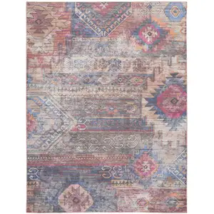 Photo of Blue and Red Geometric Power Loom Distressed Washable Area Rug