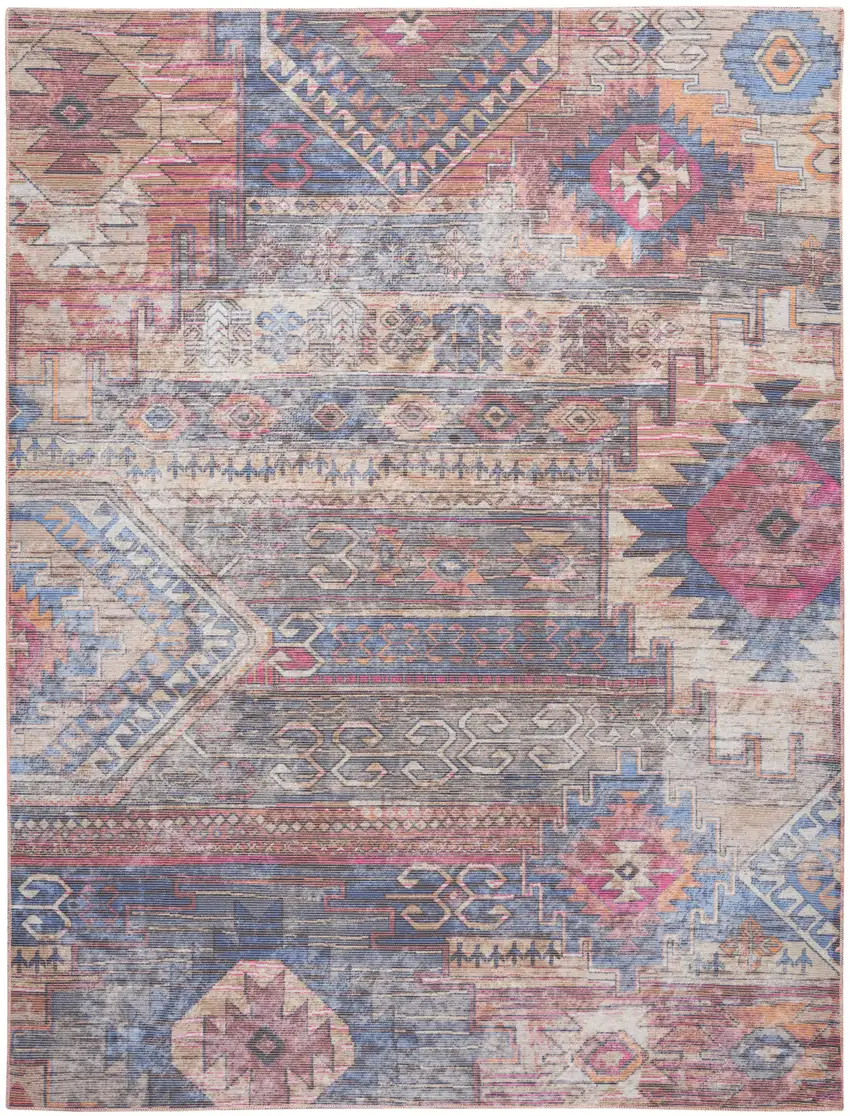 Blue and Red Geometric Power Loom Distressed Washable Area Rug Photo 1