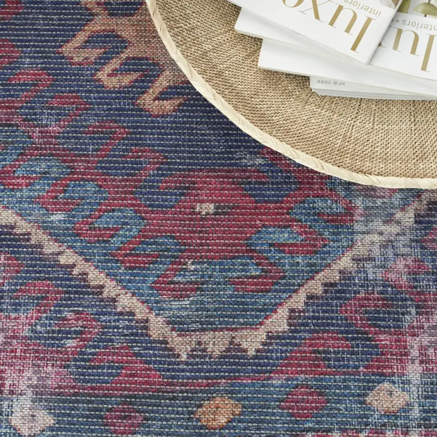 Blue and Red Geometric Power Loom Distressed Washable Area Rug Photo 9