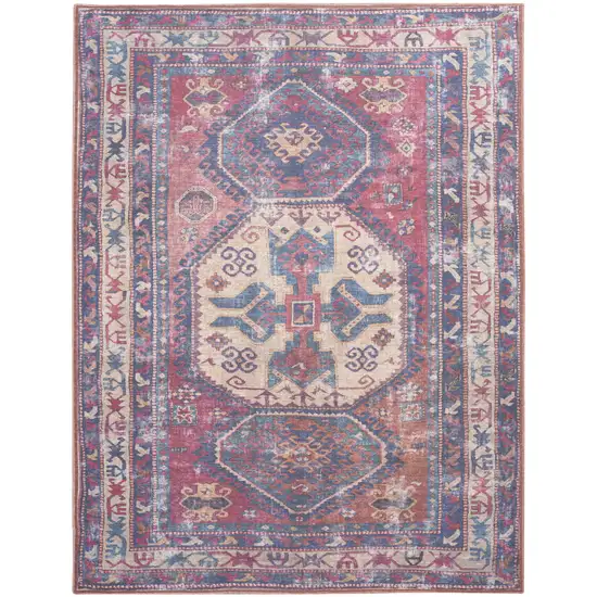 Blue and Red Geometric Power Loom Distressed Washable Area Rug Photo 2