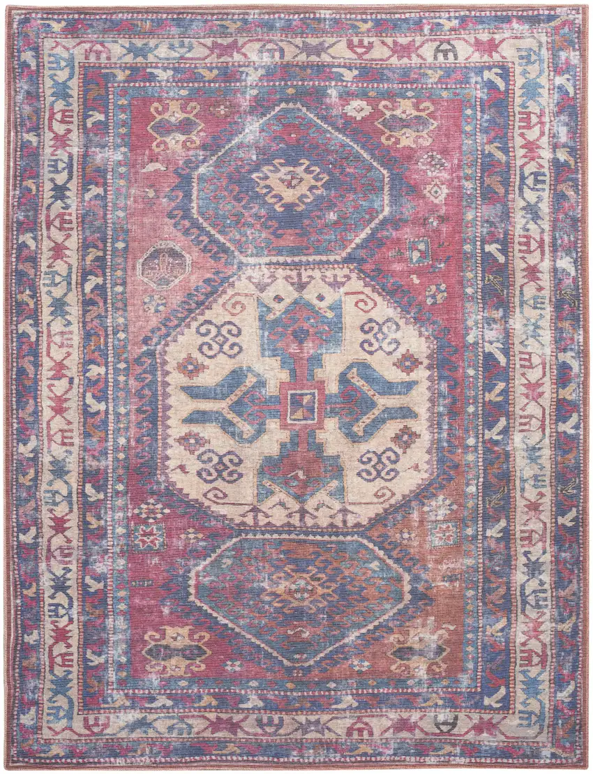 Blue and Red Geometric Power Loom Distressed Washable Area Rug Photo 1