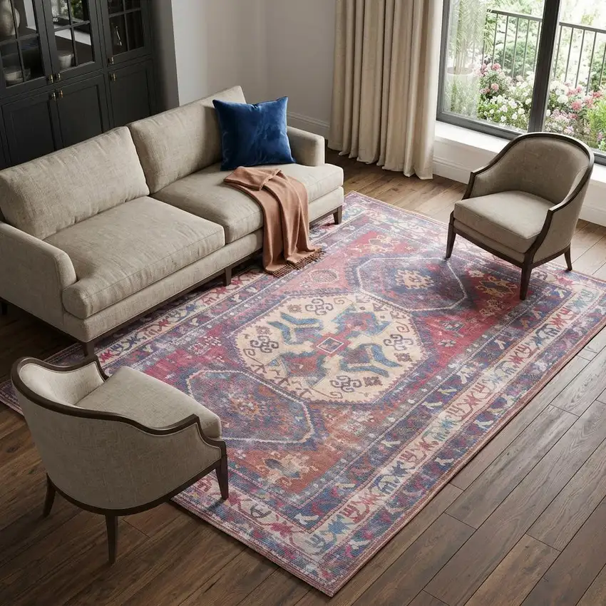 Blue and Red Geometric Power Loom Distressed Washable Area Rug Photo 1