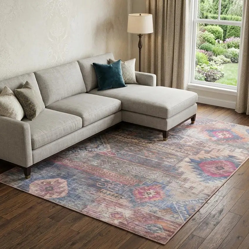 Blue and Red Geometric Power Loom Distressed Washable Area Rug Photo 1