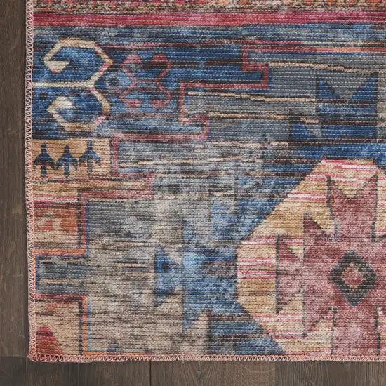 Blue and Red Geometric Power Loom Distressed Washable Area Rug Photo 6