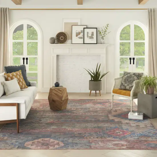 Blue and Red Geometric Power Loom Distressed Washable Area Rug Photo 5