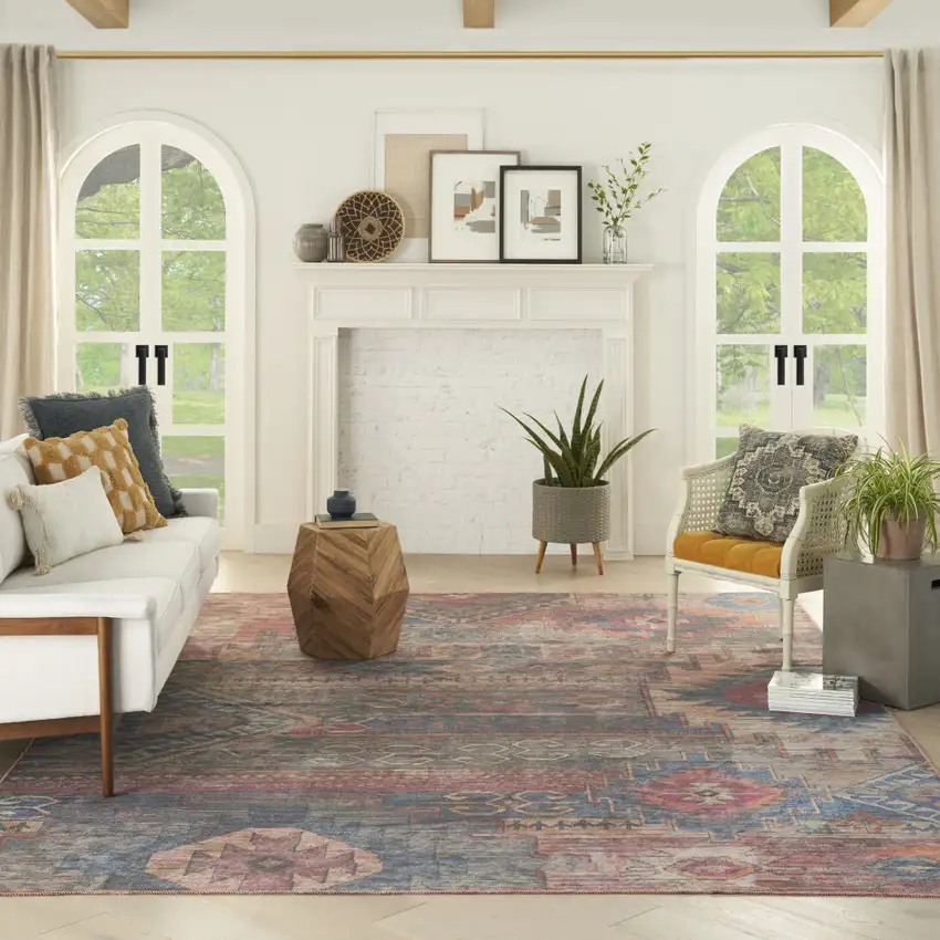 Blue and Red Geometric Power Loom Distressed Washable Area Rug Photo 5