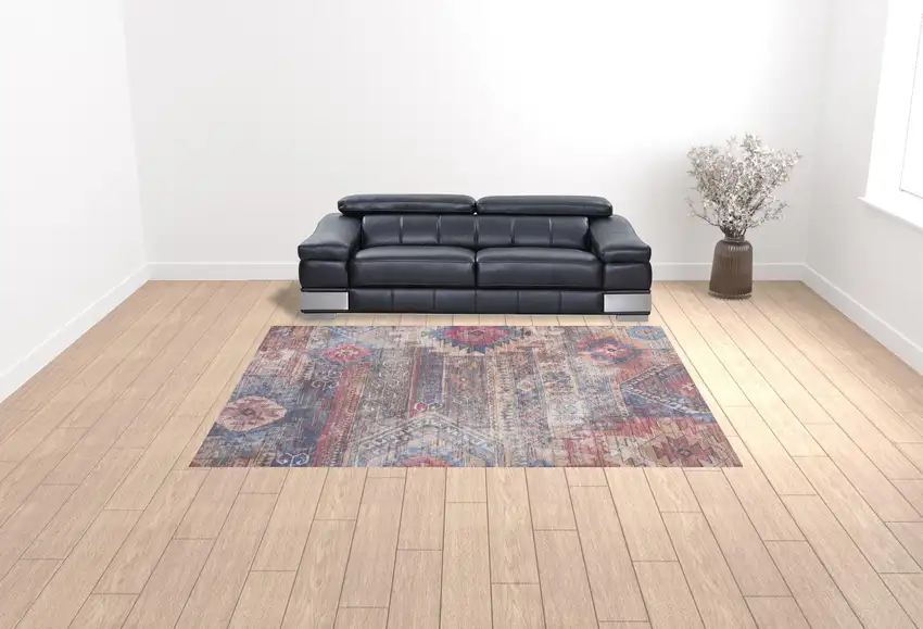 Blue and Red Geometric Power Loom Distressed Washable Area Rug Photo 2