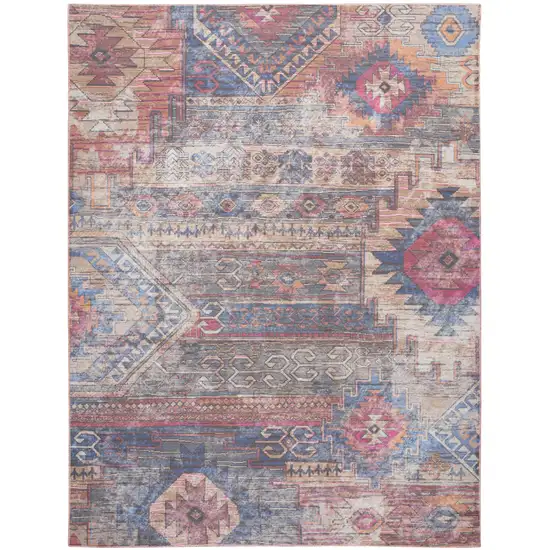 Blue and Red Geometric Power Loom Distressed Washable Area Rug Photo 2