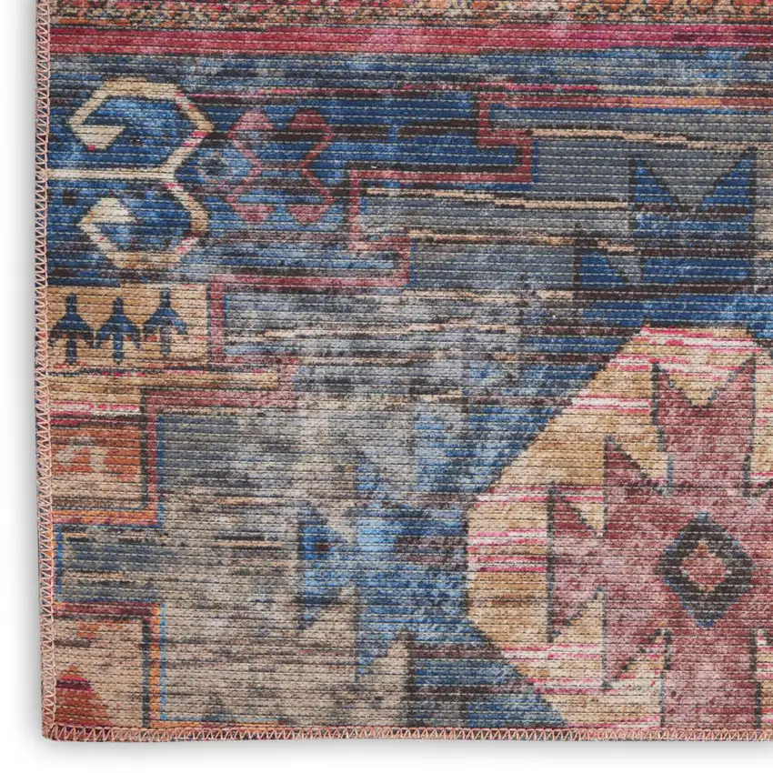 Blue and Red Geometric Power Loom Distressed Washable Area Rug Photo 8