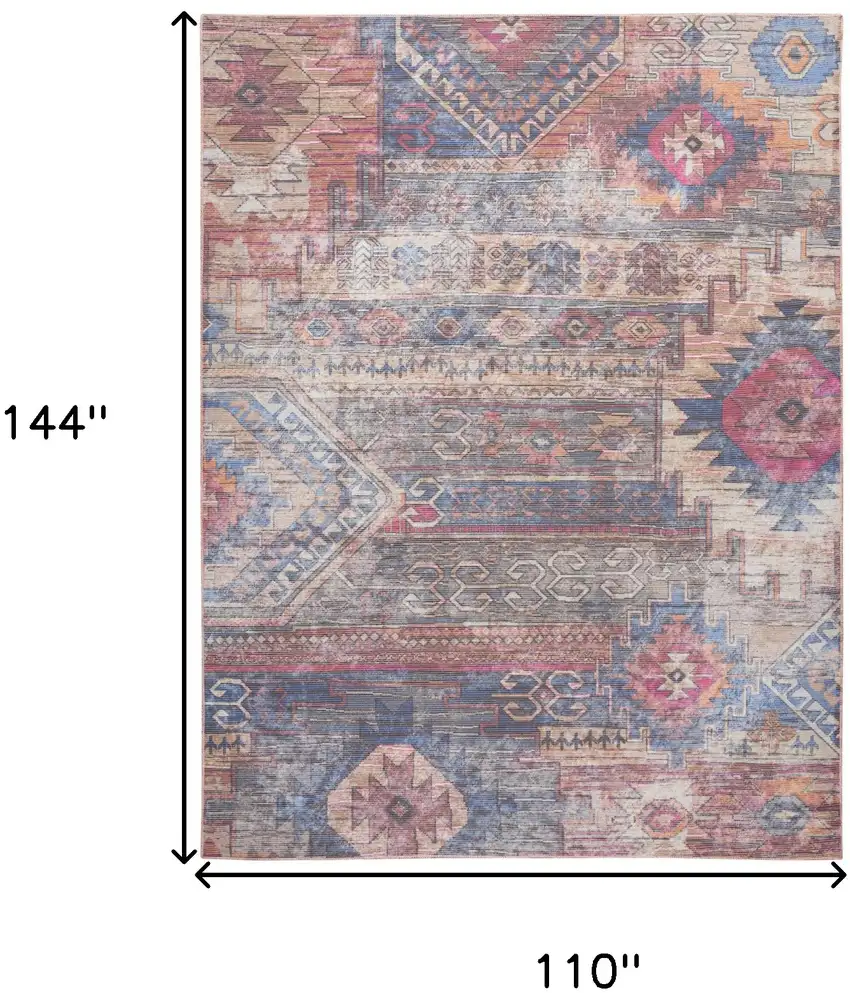 Blue and Red Geometric Power Loom Distressed Washable Area Rug Photo 9