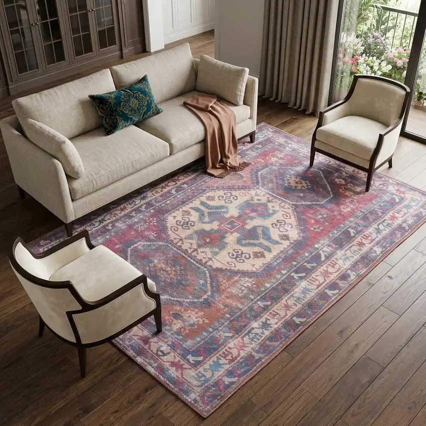 Blue and Red Geometric Power Loom Distressed Washable Area Rug Photo 1