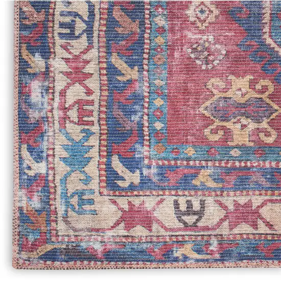 Blue and Red Geometric Power Loom Distressed Washable Area Rug Photo 9