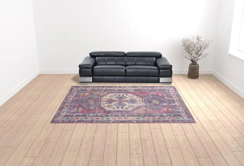 Blue and Red Geometric Power Loom Distressed Washable Area Rug Photo 2