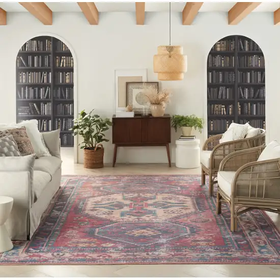 Blue and Red Geometric Power Loom Distressed Washable Area Rug Photo 6