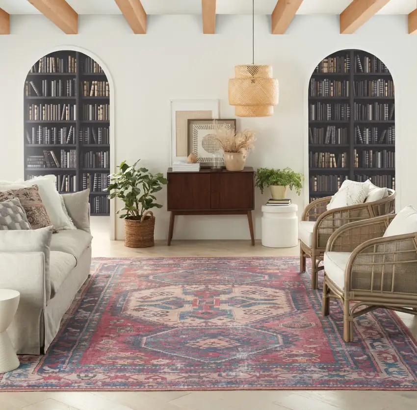 Blue and Red Geometric Power Loom Distressed Washable Area Rug Photo 6