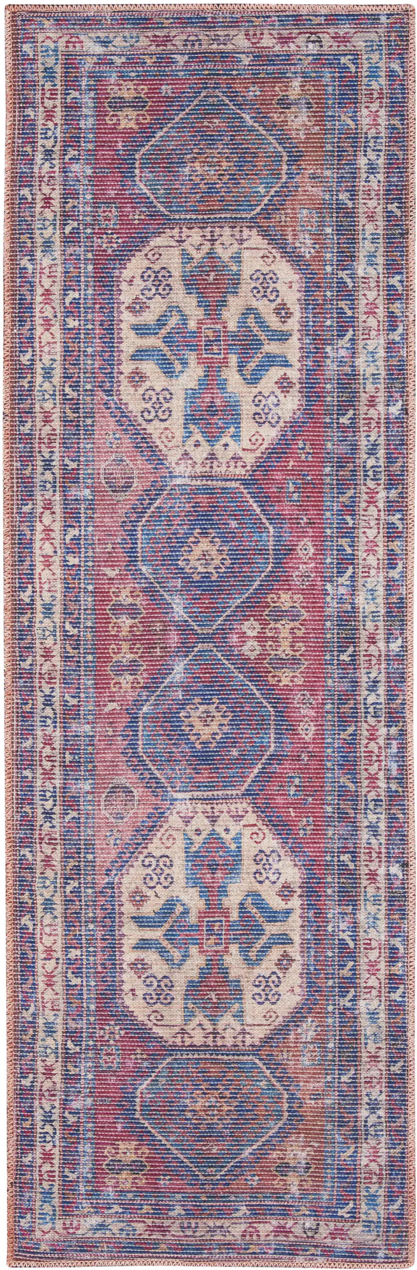 Blue and Red Medallion Power Loom Distressed Washable Runner Rug Photo 2