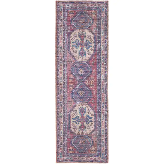 8' Blue And Red Medallion Distressed Washable Runner Rug Photo 8