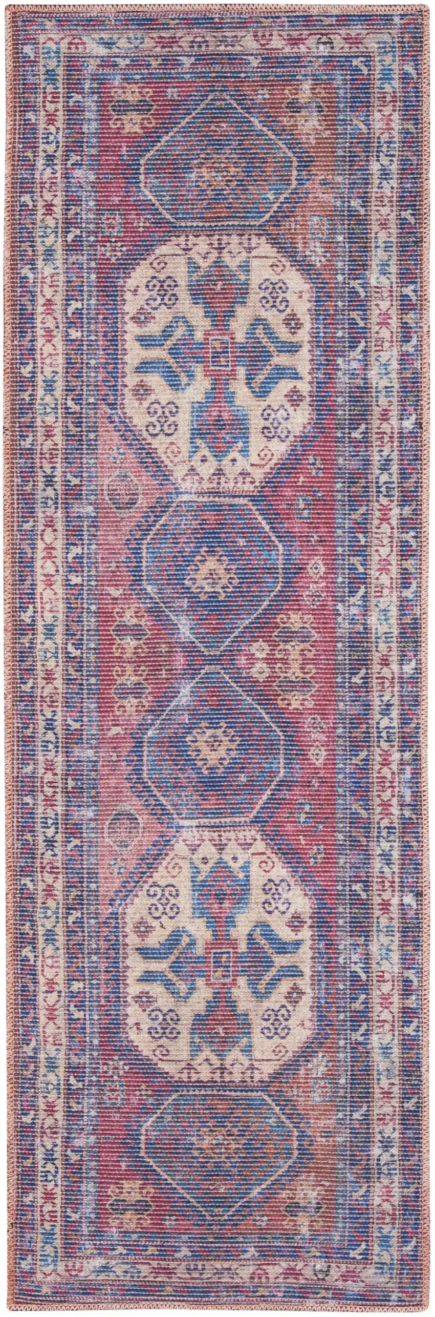8' Blue And Red Medallion Distressed Washable Runner Rug Photo 8